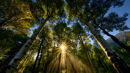 Fototapeta premium An alpine aspen forest creates a green canopy illuminated by the bright sun on a late summer day in the Rocky Mountains of Colorado, USA. 