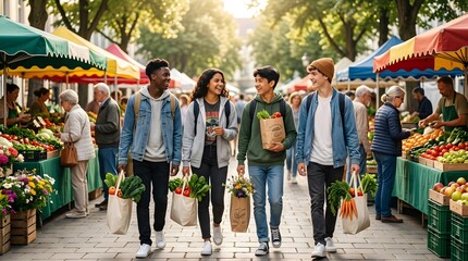 Obraz premium Four friends walk together at an outdoor market with bags of fresh vegetables and flowers. They smile and talk while shoppers browse nearby. The sun shines down in the afternoon