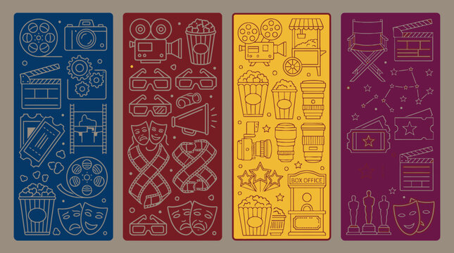 Set di quattro banner verticali colorati con icone lineari stilizzate a tema cinematografico, tra cui cineprese, ciak, popcorn, maschere teatrali e biglietti per il cinema su sfondo piatto.