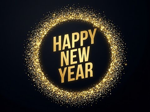 Golden glittery happy new year celebration text with sparkling particles around it
