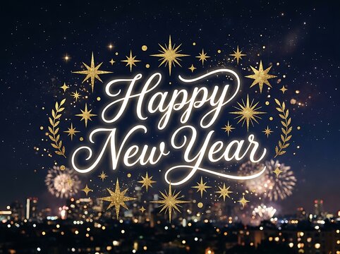 Beautiful happy new year greeting with fireworks and glittering stars celebration background