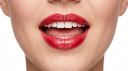 Fototapeta premium Close up macro view of beautiful woman mouth with red lipstick glossy smiling and white teeth