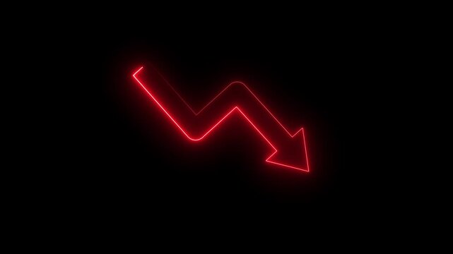 Neon Down business graph icon. downward arrow 4k animation. down trend concept, down arrow graph neon stock frame loop. down business symbol concept 4k