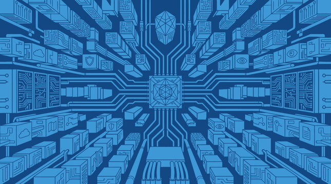 Sfondo astratto con circuito stampato blu e icone di elaborazione dati in stile isometrico che rappresentano la connettivit&agrave; digitale e l'infrastruttura di rete moderna