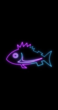 Vertical Neon Fish Icon Animation Futuristic Glowing Marine Life Symbol on Dark Background 4k.