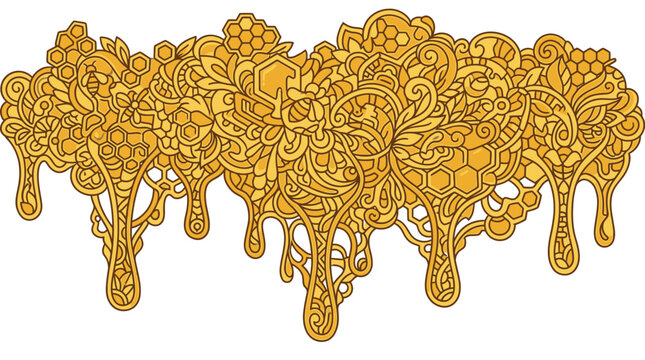 Illustrazione vettoriale decorativa con motivo floreale e alveare che cola come miele dorato, design artistico intricato su sfondo bianco per progetti grafici creativi.