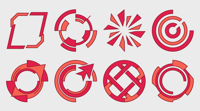 Set di icone grafiche vettoriali astratte con forme geometriche circolari, cornici tecnologiche e simboli di puntatori in tonalit&agrave; rosso e arancione su sfondo grigio chiaro.