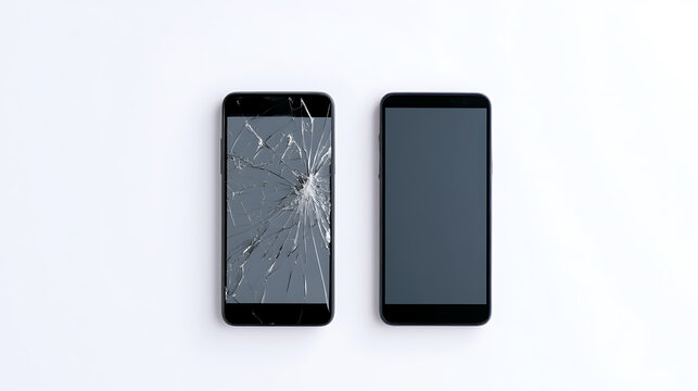 Two modern smartphones on a white background: one with a severely cracked screen, the other pristine and fully functional electronic device