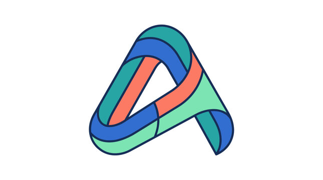 Un logo astratto a forma di lettera A stilizzata, composto da nastri colorati intrecciati in tonalit&agrave; blu, verde acqua e corallo su uno sfondo bianco pulito e minimalista.