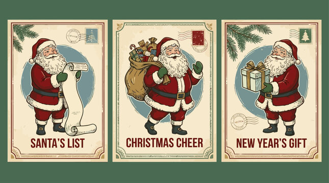Joyful Father Christmas Carrying Overstuffed Sack Long Scroll List and Wrapped Gift Box for Festive December Holiday Season Celebration and New Year Tradition