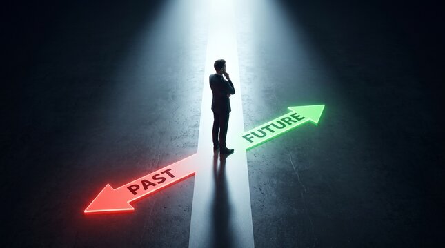 Businessman at the Crossroads Contemplating Strategic Choices for His Future, Navigating Between Past Experiences and Upcoming Opportunities
