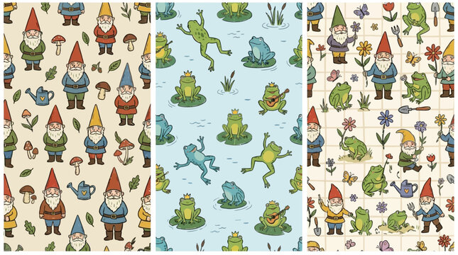 Cute Character Hand Drawn Vector Illustration of Garden Gnomes and Frogs in a Magical Fairy Tale Setting with Enchanted Forest Creatures and Bearded Dwarfs