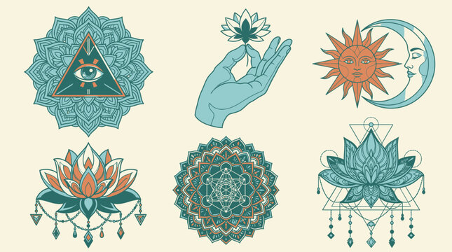 Set di icone esoteriche e spirituali con mandala, fiori di loto, occhio della provvidenza, sole, luna e mano che regge una foglia in stile illustrativo vintage su sfondo color crema.