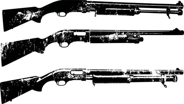 Three vintage shotguns arranged horizontally with worn textured appearance and distinct barrel designs