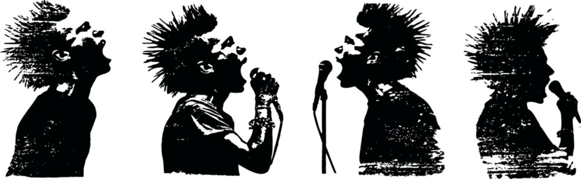Silhouettes of punk rocker singing and shouting music performance, loud expressive emotion, dynamic stage presence