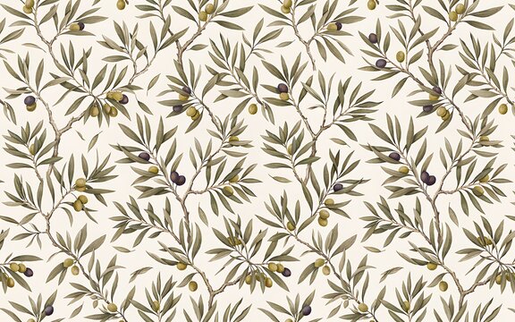 Seamless pattern with olive branches and fruits