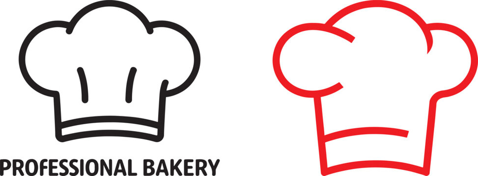 Chef hat vector icons in black and red outline styles for bakery and restaurant logo design