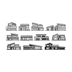 Fototapeta premium Detailed architectural sketches of contemporary houses with green roofs set