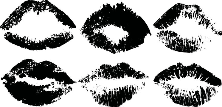 Black lipstick kiss marks set of six isolated lip print shapes with distinct textures and patterns