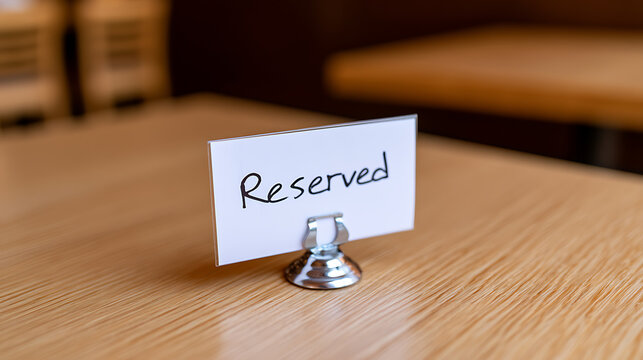 Reserved sign on a polished wooden table, highlighting an exclusive or pre-arranged setting in a restaurant, cafe, or event space