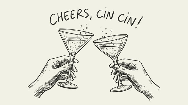 Artistic hand drawn sketch of hand lifting sparkling champagne flute or martini cocktail glass for celebratory toast cin cin cheers gesture in minimalist ink style illustration.