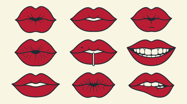Zestaw dziewięciu ilustracji przedstawiających r&oacute;żne kształty i ekspresje czerwonych kobiecych ust w stylu retro, idealne do projekt&oacute;w graficznych związanych z modą i urodą.