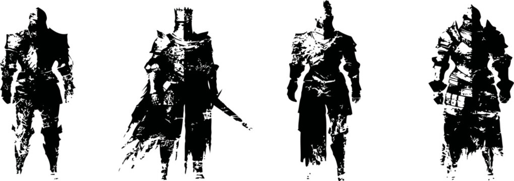 Silhouettes of medieval knights with armor and swords in dynamic battle poses, dark grunge