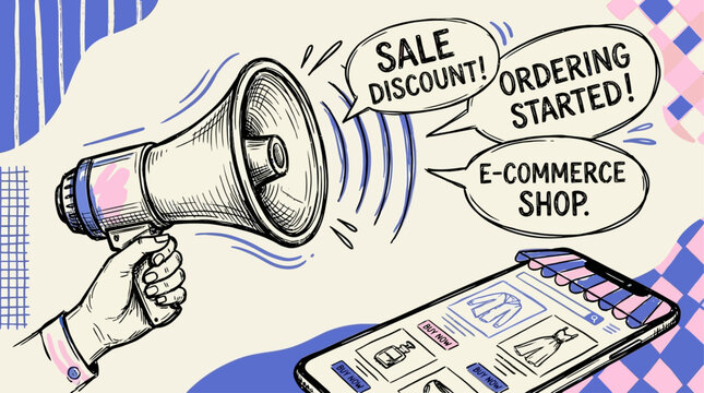 Human hand holding megaphone to announce seasonal mega sale discount program and commencement of online ordering process for shopping customers on vibrant studio backdrop.