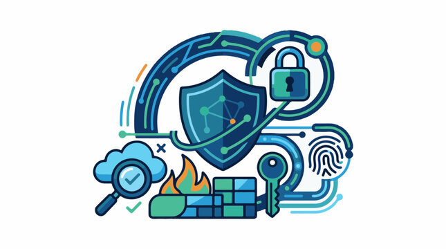 Digital security concepts shield lock key fingerprint cloud firewall