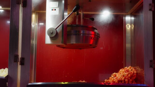 Steam rising from commercial popcorn machine during heating process before popcorn production begins. Concept of hot food equipment, cinema concession, snack preparation, and professional catering