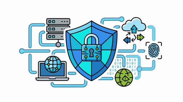 Digital security network with shield cloud laptop servers and fingerprint