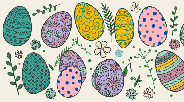 Illustrazione vettoriale di uova di Pasqua decorate con motivi floreali e geometrici colorati, circondate da piccoli fiori e rametti primaverili su sfondo neutro per biglietti d'auguri.