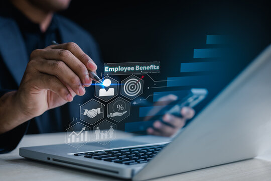 administration employee management.Business professional managing employee benefits through a digital HR platform, highlighting compensation, insurance, workforce planning and performance management.