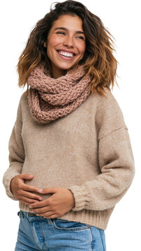 Portrait of a happy laughing pregnant woman in a cozy sweater and snood isolated on transparent or white background, png