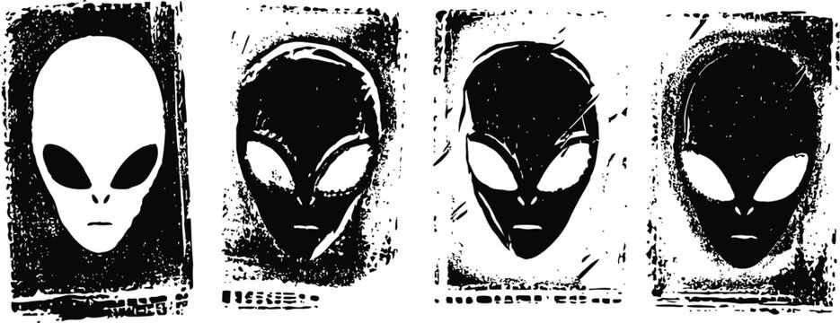 four alien face illustrations in black and white with textured grunge backgrounds