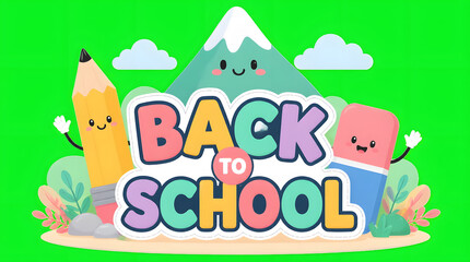 Fototapeta premium Colorful Back to School Title with Friendly Mountain Pencil and Eraser Characters