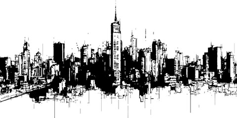 Obraz premium Abstract black and white city skyline silhouette reflection in water with grunge sketch texture background vector illustration.