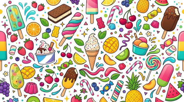 Sweet summer treats seamless background pattern with ice cream and fruits vector