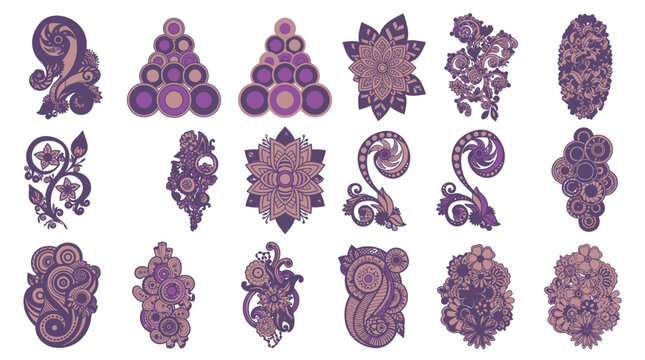 Una collezione di elementi decorativi vettoriali astratti e floreali in tonalit&agrave; di viola e marrone, perfetti per design ornamentali e pattern.