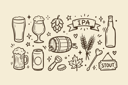 Set of hand drawn beer icons with glasses bottles barrel wheat and hops for brewery menu and pub pub decoration design Vector, illustration