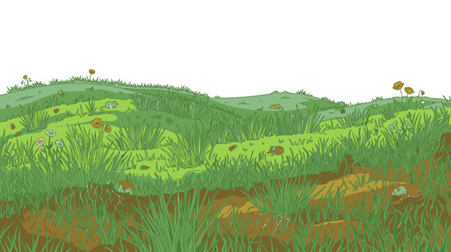 Paesaggio illustrato con dolci colline ricoperte di erba verde vibrante e piccoli fiori, su sfondo bianco per un design versatile e pulito.