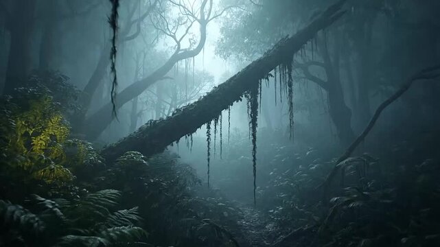 A dark and mysterious path winds through a dense, foggy ancient forest