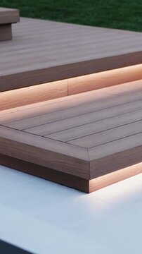 Vertical video. Modern patio with LED-lit wooden terrace, bench and outdoor fireplace at dusk.