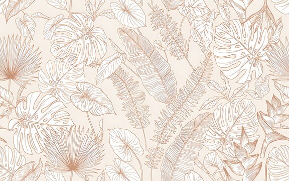 Seamless tropical pattern with handdrawn exotic leaves and botanical elements