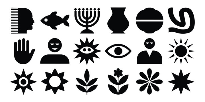Abstract minimalist vector icons set featuring fish menorah hand eye sun plants human silhouettes and geometric tribal symbols on white
