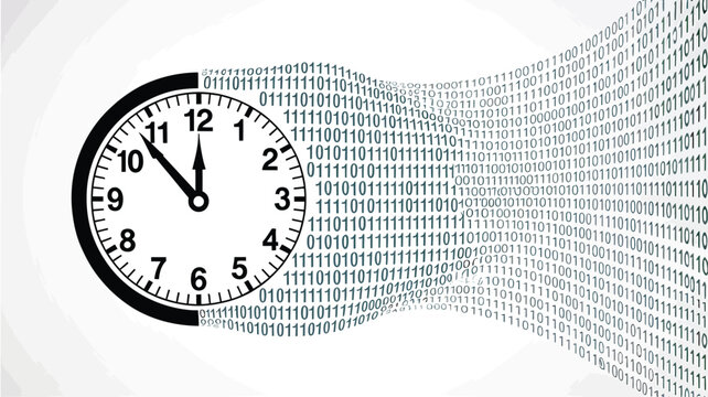 Abstract digital vector concept with clock turning into binary code stream representing data management time technology and cyberspace information flow
