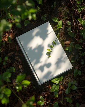 Blank White Book Cover Mockup on Forest Ground with Soft Leaf Shadows and Vines