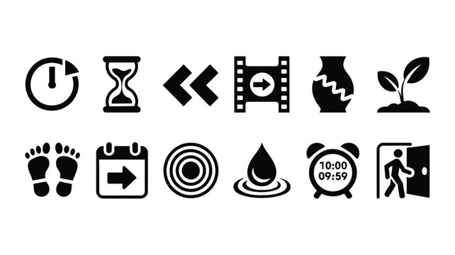 Black minimalist vector icons set featuring hourglass timer calendar footprint plant water drop film strip and door symbol on white