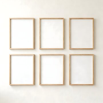 Gallery Wall Mockup with Six Blank Wooden Picture Frames Grid on White Background