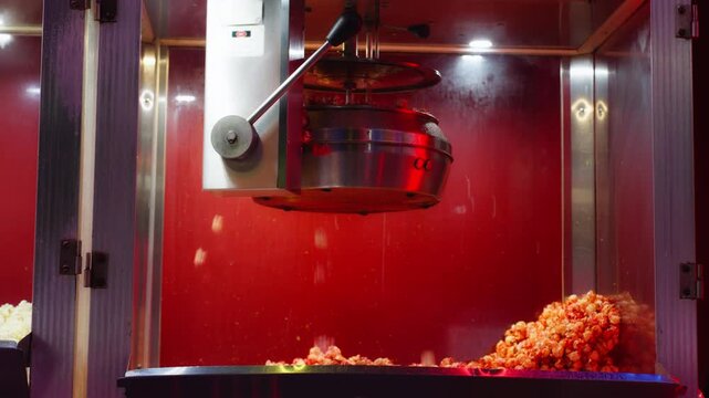 Close-up of fresh popcorn being produced inside commercial popcorn machine. Hot kernels pop and fall into glass case. Concept of snack production, food industry, cinema, and entertainment.